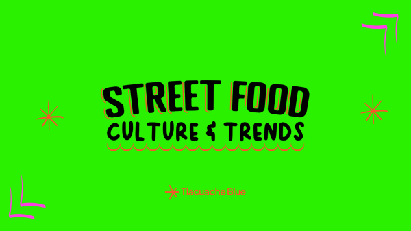 Esta imagen en fondos verde estridente y con letras que asimilan la tipografía de los rótulos de los puestos de comida callejera dice Street Food: Culture & Trends, que es el nombre del reporte que hicimos sobre comida callejera.